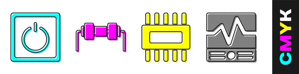 Set Electric light switch, Resistor electricity, Processor with microcircuits Illustrazione stock