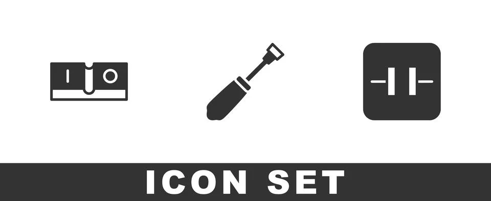Set Electric light switch, Screwdriver and Electrolytic capacitor icon. Vector Illustrazione stock