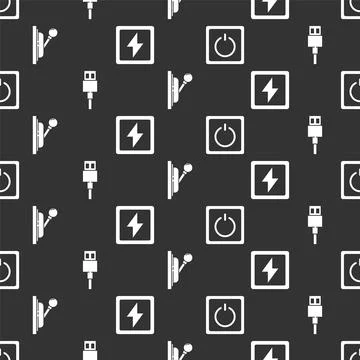 Set Electric light switch, USB cable cord, Electrical panel and Lightning bolt Illustrazione stock