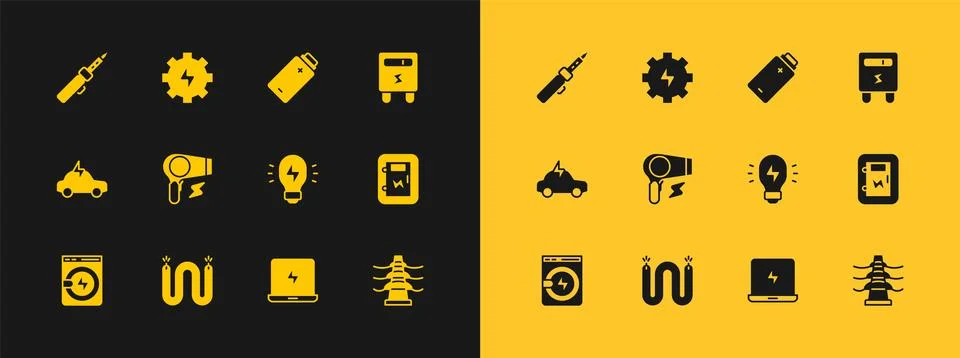 Set Electric meter, cable, Creative lamp light idea, Laptop, Hair dryer, Ba.. 스톡 일러스트