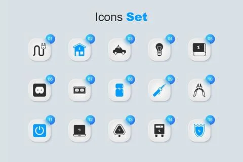 Set Electric meter, Electrical outlet, Smart home, Power button, Lightning .. Stock Illustration