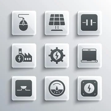 Set Electric meter, Lightning bolt, Laptop, Gear and lightning, Buzzer electr Stock Illustration
