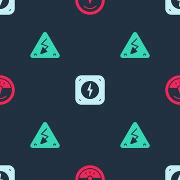 Set Electric meter, Lightning bolt and High voltage on seamless pattern. Vect 스톡 일러스트
