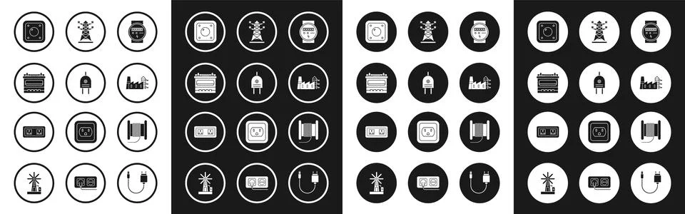 Set Electric meter, plug, Car battery, light switch, Power station plant an.. Stock Illustration