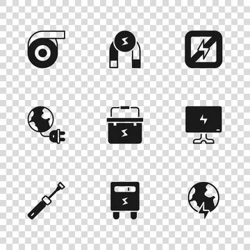 Set Electric meter, Smart Tv, Global planet with thunderbolt, Toolbox elect.. Stock Illustration
