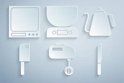 Set Electric mixer, Kettle with handle, Meat chopper, Bread knife, Electronic Illustration