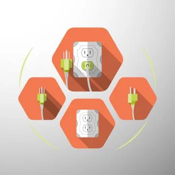 Set of electric outlet and plug type B isolated icons with the inserted green Stock Illustration