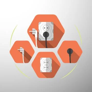 Set of electric outlet and plug type F isolated icons with the inserted black Stock Illustration
