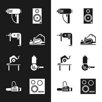 Set Electric planer tool, drill machine, industrial dryer, Stereo speaker, Table Stock Illustration
