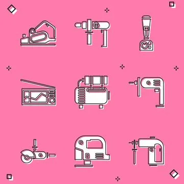 Set Electric planer tool, drill machine, Blender, Radio, Air compressor and icon Illustrazione stock