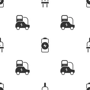 Set Electric plug, Battery charge and car on seamless pattern. Vector Stock Illustration