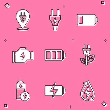 Set Electric plug, Battery, Check engine, saving leaf, and icon. Vector Stock Illustration