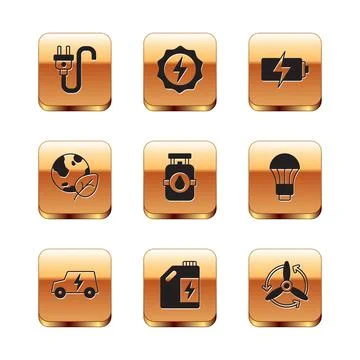 Set Electric plug, car, Eco fuel canister, Propane gas tank, Earth globe and Stock Illustration