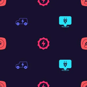 Set Electric plug, car, Lightning bolt and on seamless pattern. Vector 스톡 일러스트