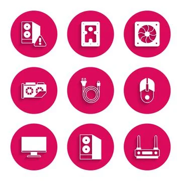Set Electric plug, Case of computer, Router and wi-fi signal, Computer mouse Stock Illustration