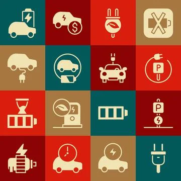 Set Electric plug, Charging parking electric car, saving leaf, and icon. Vector Stock Illustration