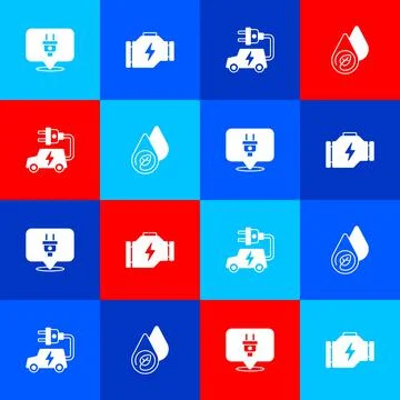 Set Electric plug, Check engine, car and Water energy icon. Vector Stockillustratie