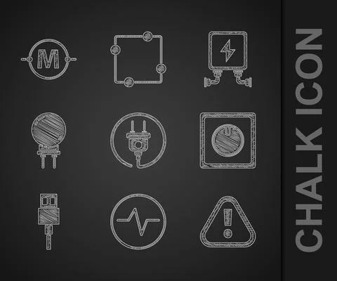 Set Electric plug, circuit scheme, Exclamation mark in triangle, light switch Stock Illustration