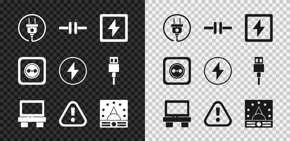 Set Electric plug, circuit scheme, Lightning bolt, Fuse, Exclamation mark Ilustração Stock