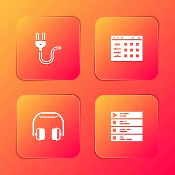 Set Electric plug, Drum machine, Headphones and Music playlist icon. Vector Stock Illustration