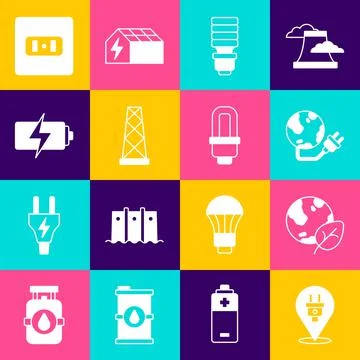 Set Electric plug, Earth globe and leaf, Global energy power planet, LED light Иллюстрация