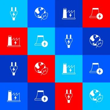 Set Electric plug, Earth globe and leaf, Nuclear power plant and icon. Vector Stockillustratie