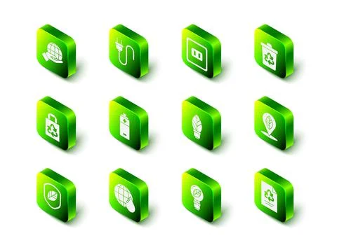 Set Electric plug, Electrical outlet, Recycle bin with recycle, Location leaf Stock Illustration