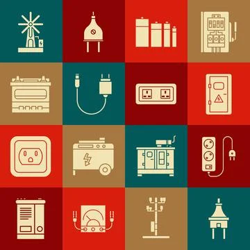 Set Electric plug, extension cord, Electrical cabinet, Battery, Charger, Ca.. Stock Illustration