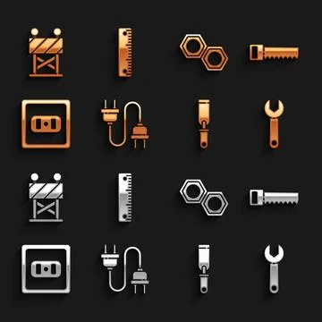 Set Electric plug, Hand saw, Wrench spanner, Rasp metal file, Electrical outlet Stock Illustration