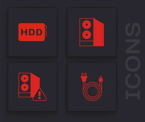 Set Electric plug, Hard disk drive HDD, Case of computer and icon. Vector Stockillustratie