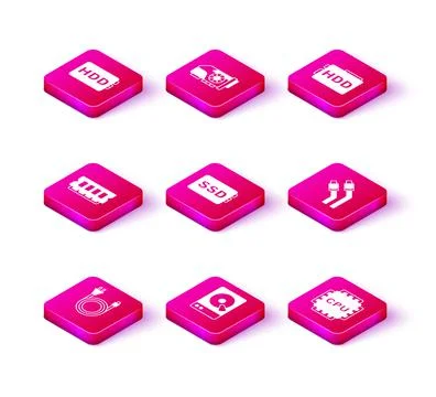 Set Electric plug, Hard disk drive HDD, RAM, random access memory, SSD card Stock Illustration