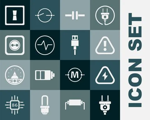 Set Electric plug, High voltage, Exclamation mark in triangle, circuit scheme Stock Illustration