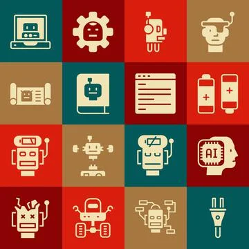 Set Electric plug, Humanoid robot, Battery, Robot, User manual, blueprint Stock Illustration