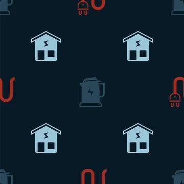Set Electric plug, kettle and Smart home on seamless pattern. Vector Stockillustratie