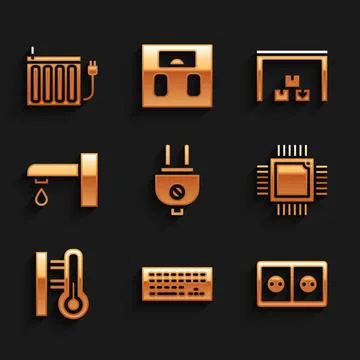 Set Electric plug, Keyboard, Electrical outlet, Processor with microcircuit.. イラスト素材