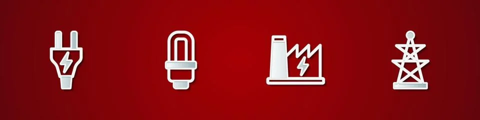 Set Electric plug, LED light bulb, Nuclear power plant and tower icon. Vector Stockillustratie