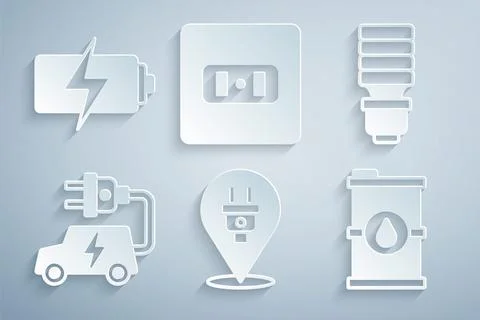 Set Electric plug, LED light bulb, car, Bio fuel barrel, Electrical outlet and Stock Illustration