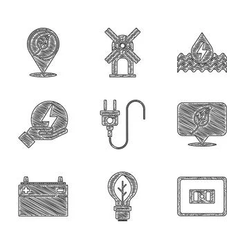 Set Electric plug, Light bulb with leaf, Electrical outlet, Location, Car Stock Illustration