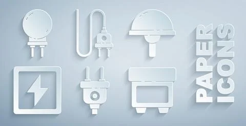 Set Electric plug, Light emitting diode, Lightning bolt, Fuse, and icon. Vector Stock Illustration
