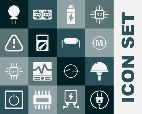 Set Electric plug, Light emitting diode, circuit scheme, Battery, Multimeter Stock Illustration