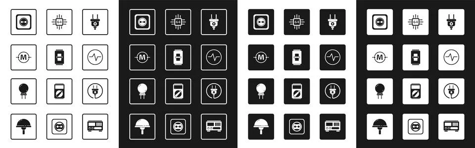 Set Electric plug, light switch, circuit scheme, Electrical outlet, Processor Illustrazione stock