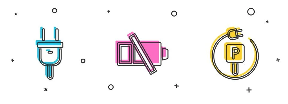 Set Electric plug, Low battery and Charging parking electric car icon. Vector イラスト素材