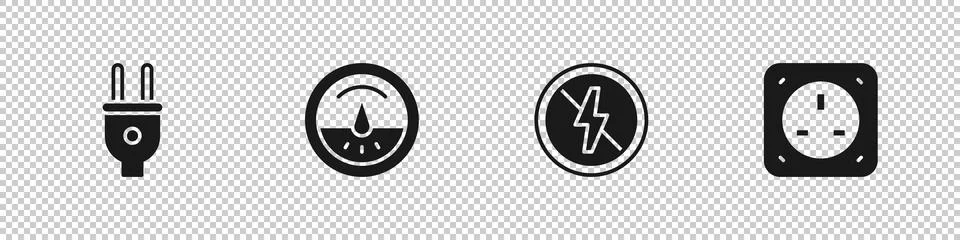 Set Electric plug, meter, No lightning and Electrical outlet icon. Vector 스톡 일러스트