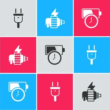 Set Electric plug, motor and Battery charge icon. Vector イラスト素材
