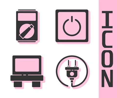 Set Electric plug, Multimeter, Fuse and Electric light switch icon. Vector 스톡 일러스트