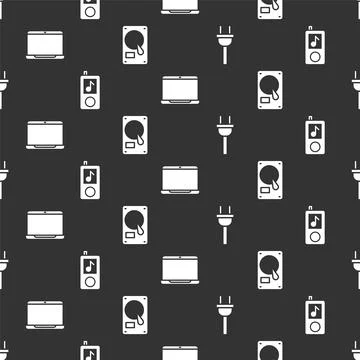 Set Electric plug, Music player, Laptop and Hard disk drive HDD on seamless Stock Illustration