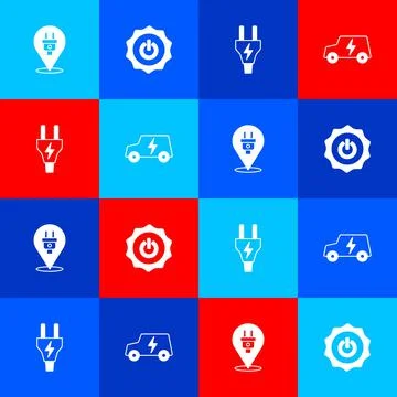 Set Electric plug, Power button, and car icon. Vector 스톡 일러스트