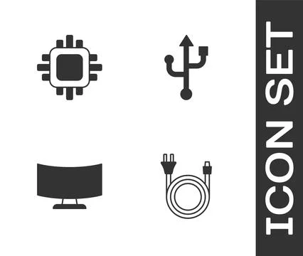 Set Electric plug, Processor with CPU, Computer monitor screen and USB icon イラスト素材