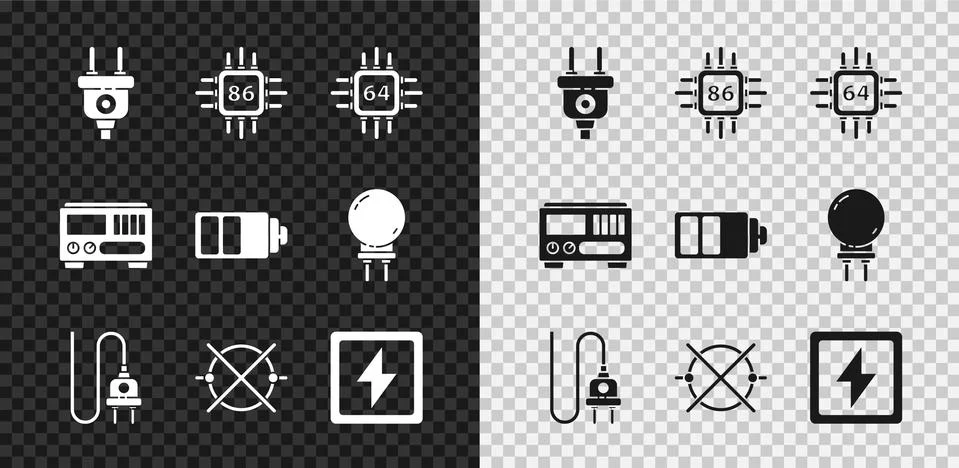Set Electric plug, Processor with microcircuits CPU, scheme, Lightning bolt,  Ilustração Stock