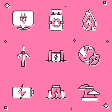 Set Electric plug, Propane gas tank, Water energy, Wind turbine, Hydroelectric Stock Illustration